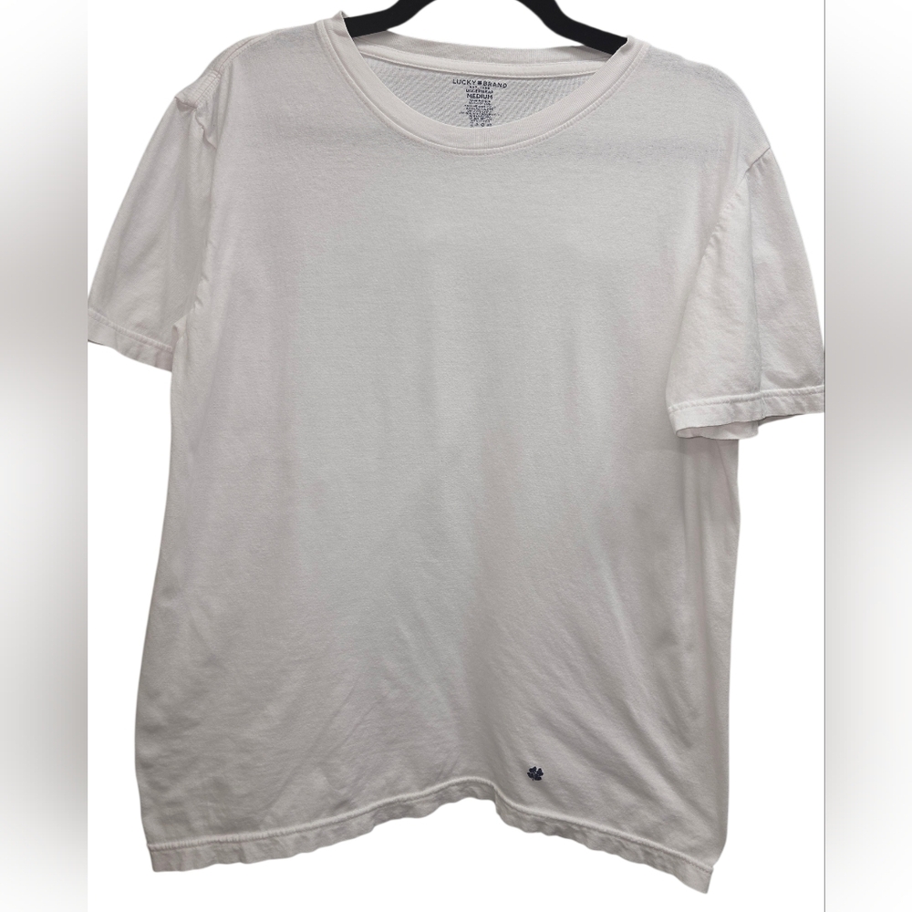Lucky Brand Med White 100% Cotton Crewneck‎ Tee Clover Logo Short Sleeve Classic